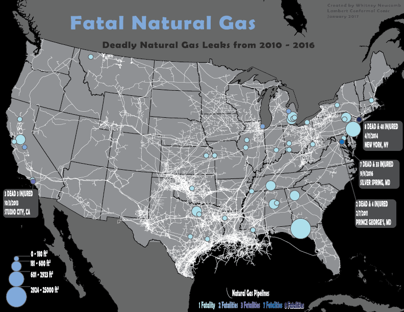 Map of fatalities from natural gas leaks and incidents in the U.S. from 2010 - 2016. 